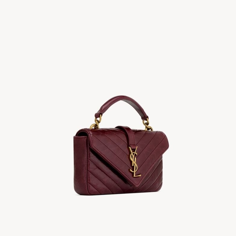 [True-to-ORIGINAL] Sa1nt Lau*nt College Mini In Shiny Leather Deep Hot Wine For Women 7.9in/20cm ‎‎‎779430DZH076193