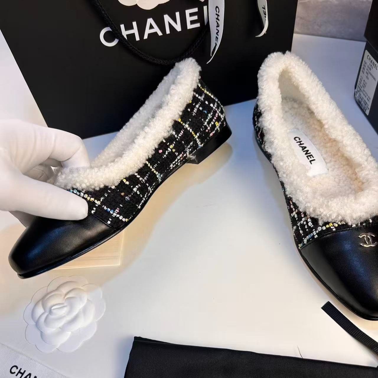 Ch**el Shearling Ballet Flats Black For Women