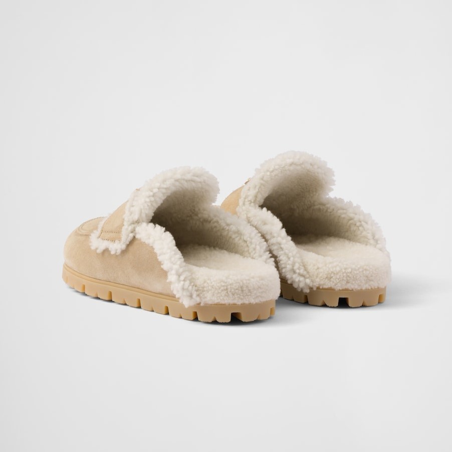 Pra*a Suede And Shearling Slippers Ecru For Women 1S711M_X0O_F0379_F_ZG20