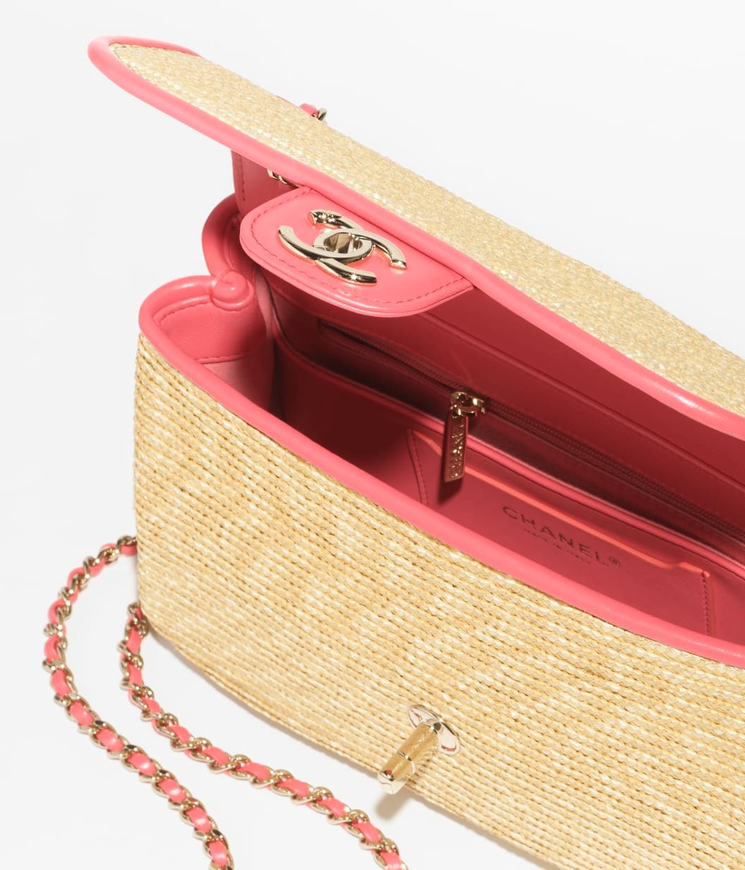 Ch**el Small Flap Bag Dark Beige/Coral Straw For Women 9.1in/23cm AS6017-B22647-U6028