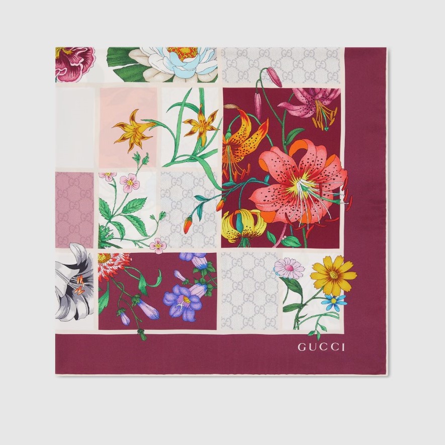 Gvc*1 Printed Silk Twill Carre Scarf Bordeaux For Women 850107 3G001 5472