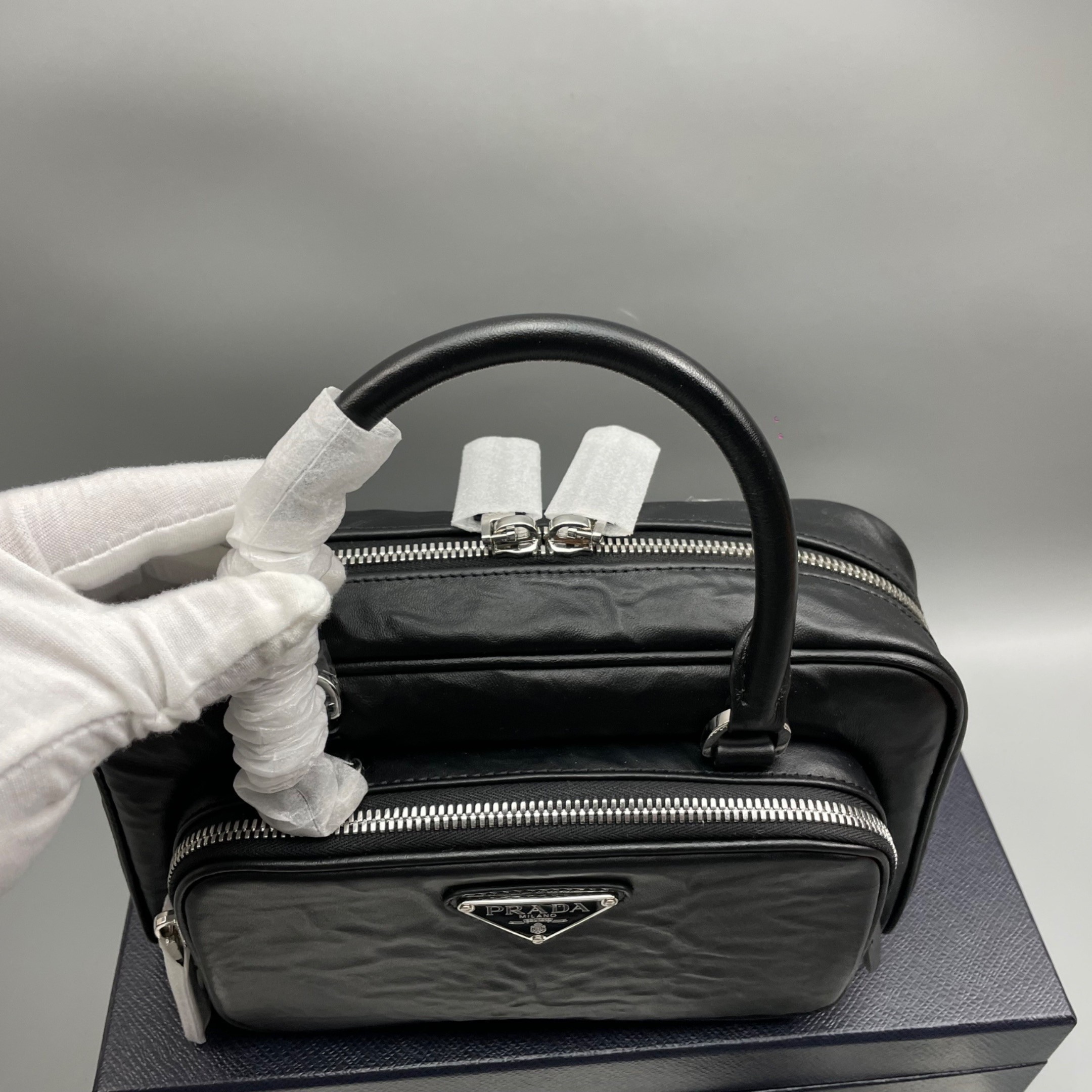 [True-to-ORIGINAL] Pra*a Antique Nappa Multi-Pocket Top-Handle Bag Black For Women 9.5in/24cm 1BB098-UVL-F0002-V-T2O