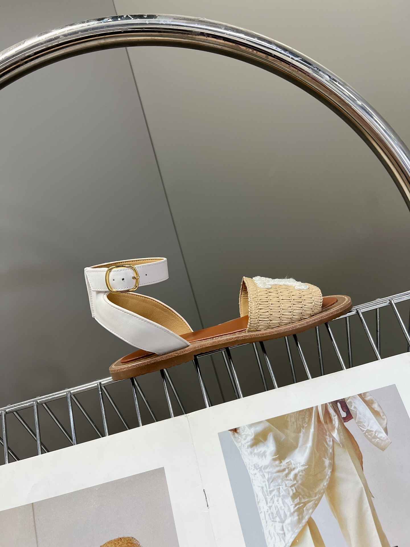 Ce1i*e Lympia Flat Strap Sandal In Raffia White For Women 352402248C.02GH