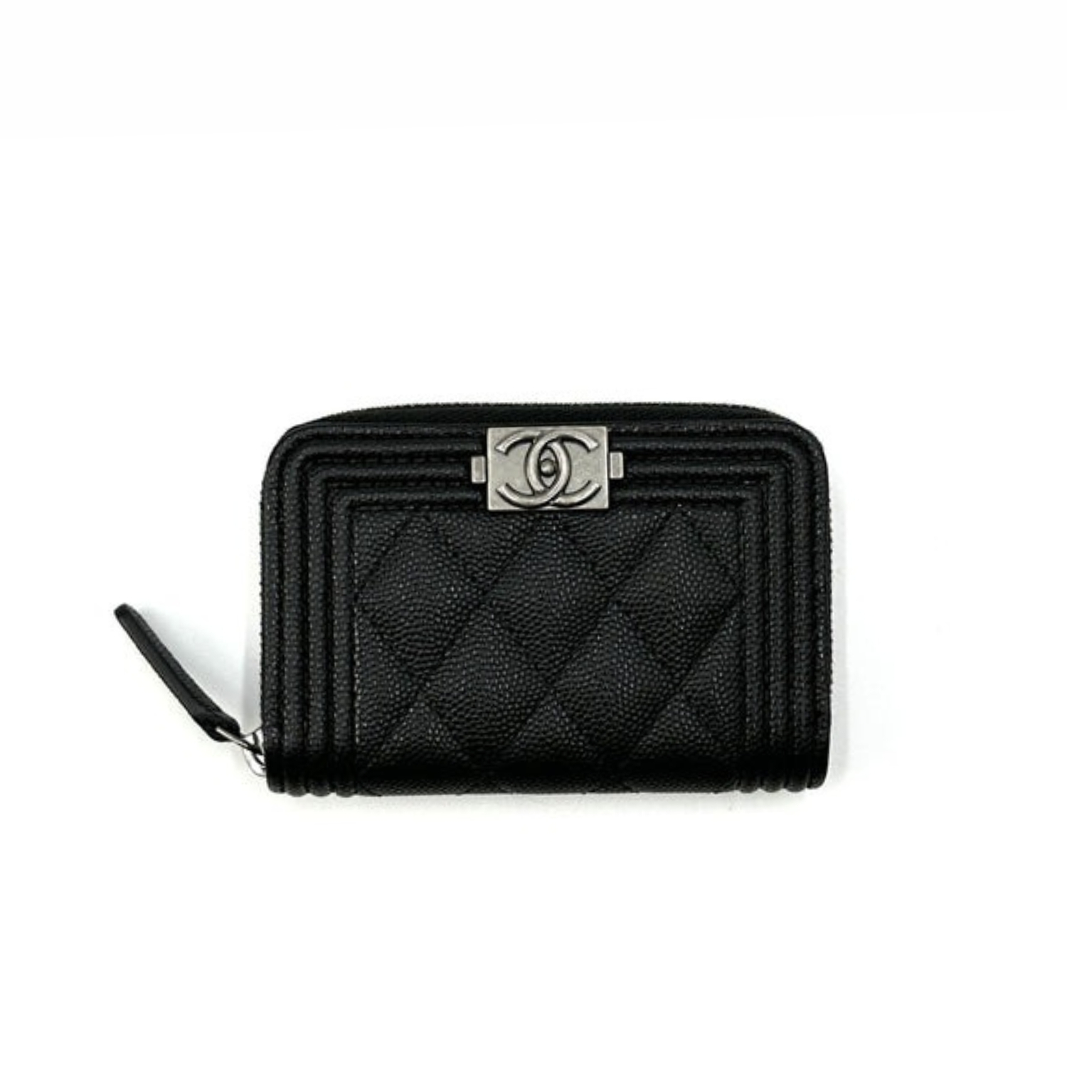 Ch**el CO-CO Boy Flap Card Holder Black Silver Hardware For Women 11.5cm/4.5in