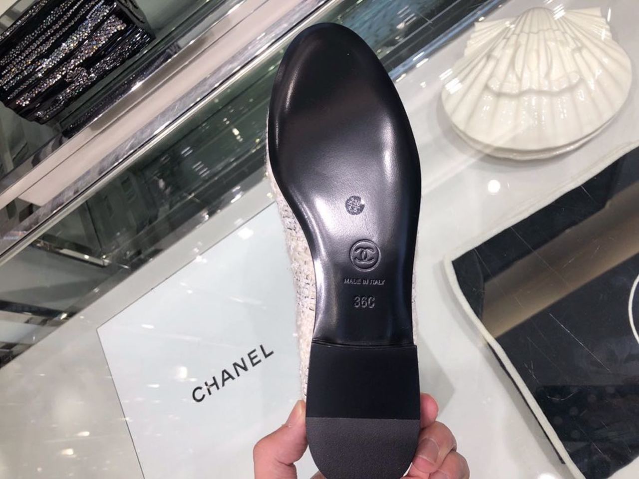 Ch**el Ballerina Flats Tweed & Grosgrain Calfskin Leather Fall/Winter Collection Grey/Black