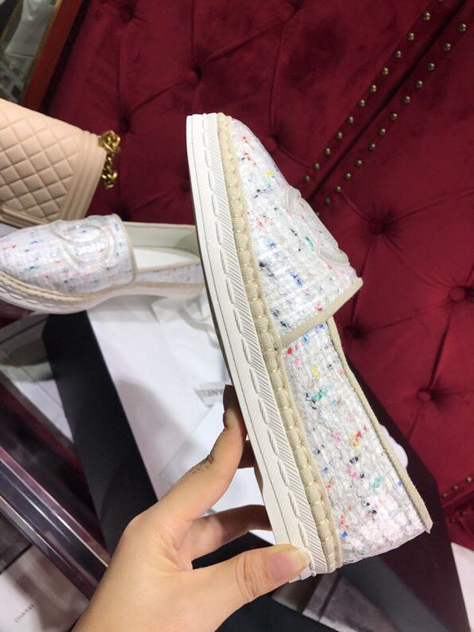 Ch**el Tweed/PVC CC Logo Espadrilles White For Women, Women’s Shoes