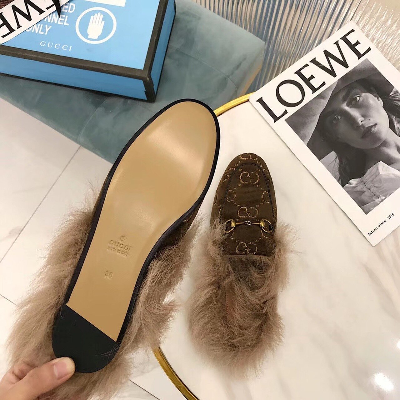 Gvc*1 Princetown Velvet Fur Slipper Mules 448657 Calfskin Leather Pre-Fall/Winter Collection, Brown