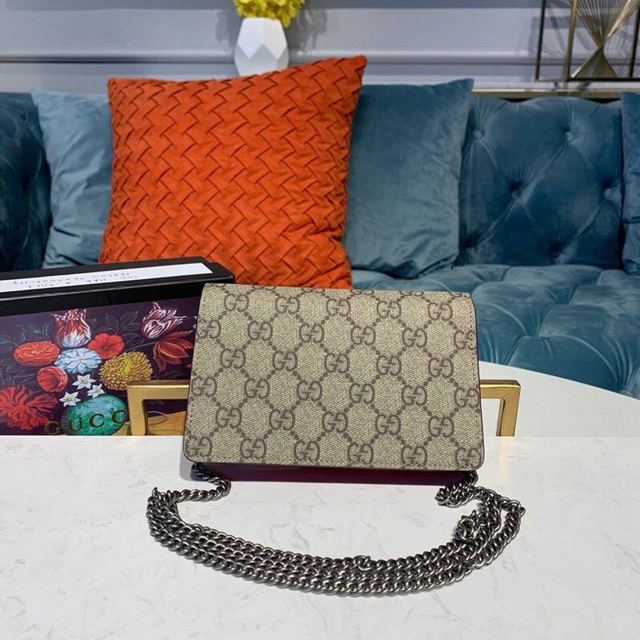 Gvc*1 Dionysus Svp*me S*per Mini Bag Beige/Ebony GG Svp*me Canvas Red Suede 6.5in/16.5cm GG 476432