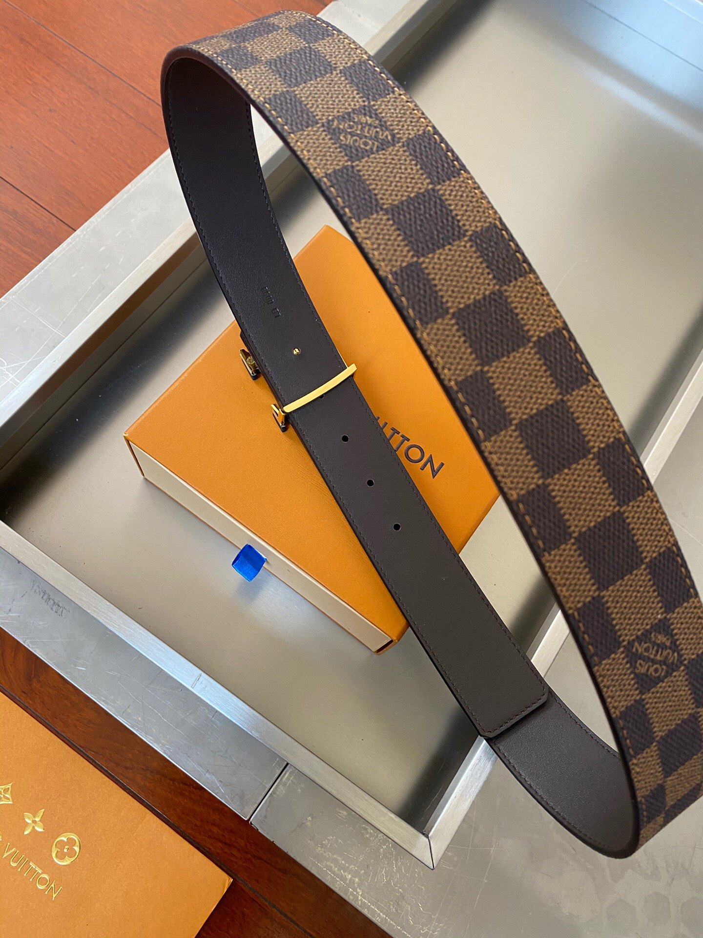 L0vis Vvtt0n Initiales Reversible LV Belt Damier Ebene Canvas with Black Toned Hardware
