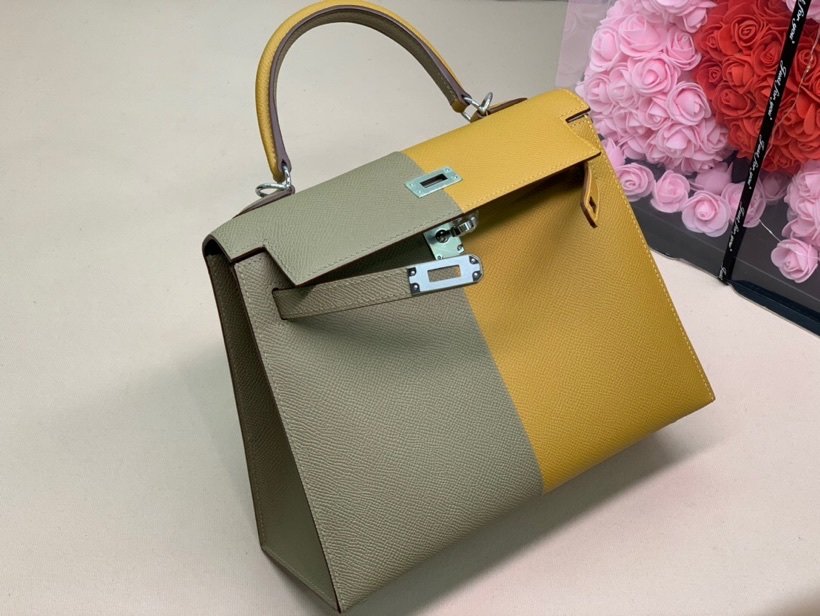 H**me5 Kelly 28 Sellier Epsom Bag Grey/Yellow For Women, Women’s Handbags, Shoulder Bags 11in/28cm