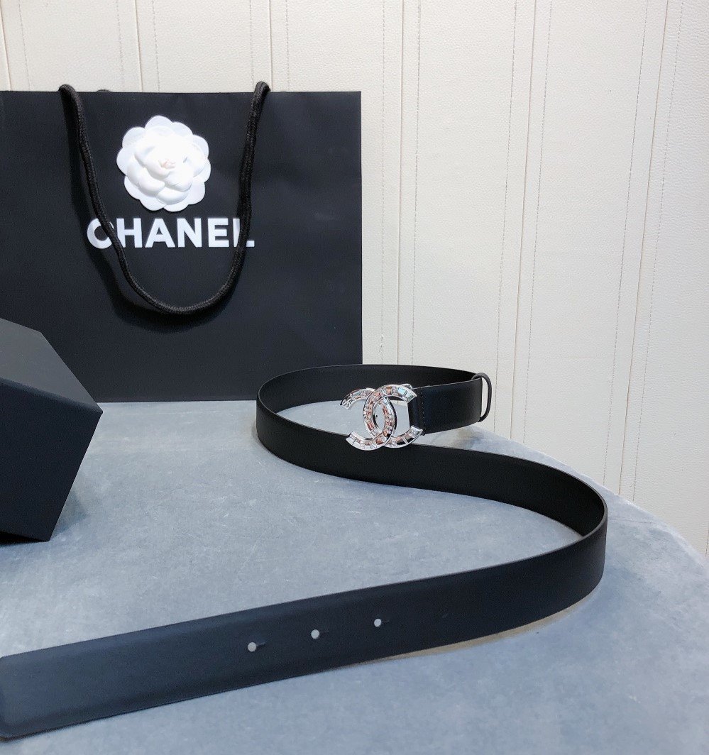Ch**el Belt With Double C Buckle Black With Full Silver Hardware Women Belt