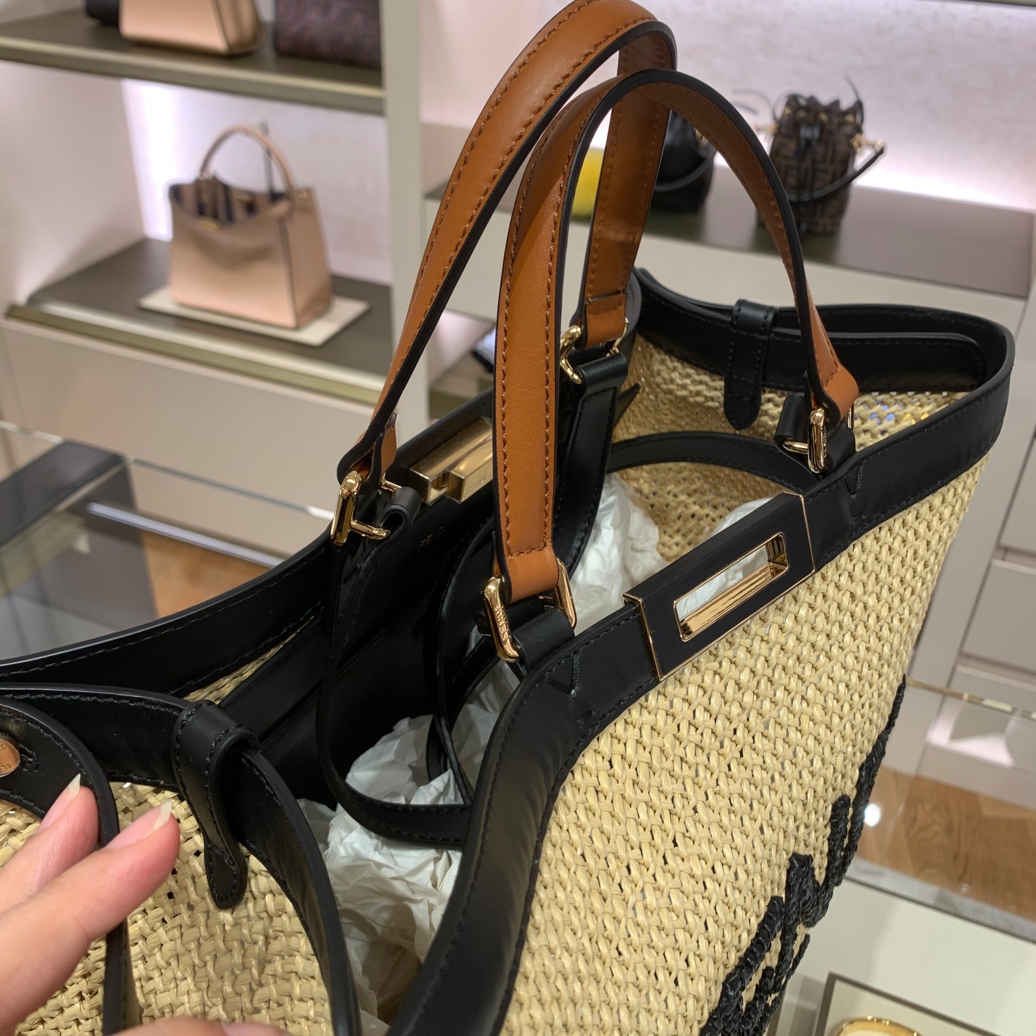 F**di Peekaboo X-tote Medium Woven Straw Tote Bag For Women, Women’s Handbags 16.1in/41cm FF