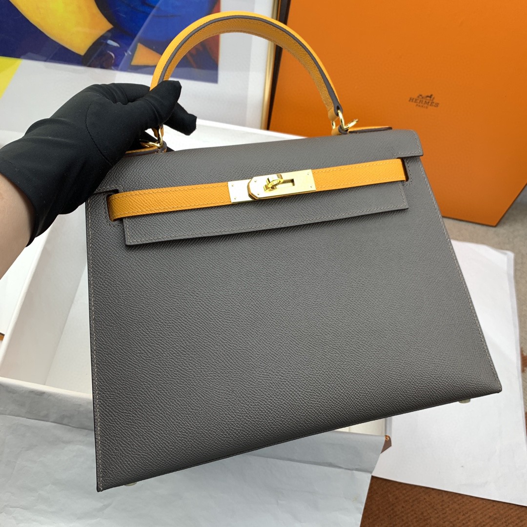 H**me5 Kelly 28 Sellier Epsom Dark Grey/Yellow Bag For Women, Women’s Handbags, Shoulder Bags 11in/28cm