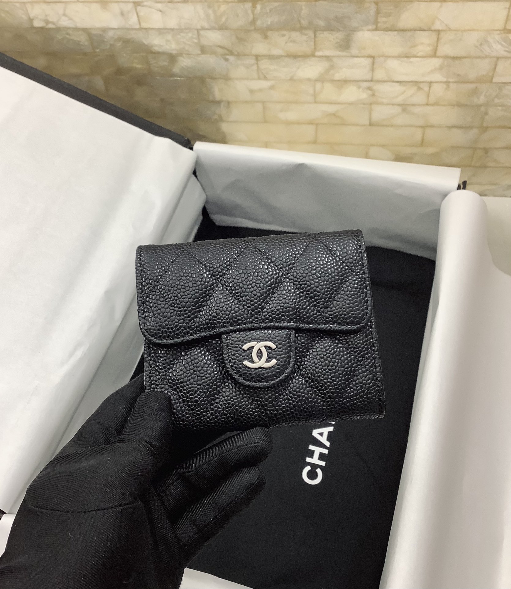 Ch**el CO-CO Classic Card Holder 11cm/4.4in Silver Hardware For Women Black AP0214 Y01480 C3906