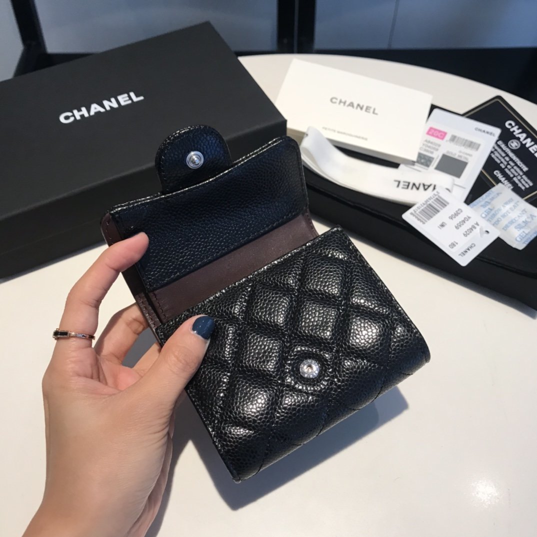 Ch**el CO-CO Classic Card Holder10.5cm/4.1in Silver Hardware For Women Black