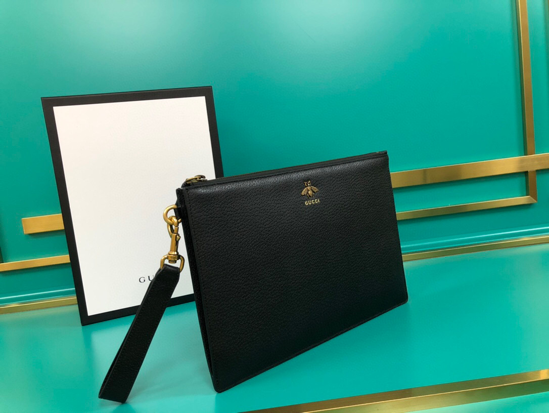 Gvc*1 Animalier Pouch Black with Bee Detail For Men, Men’s Pouch 12in/31cm GG 523684 DJ20T 1000