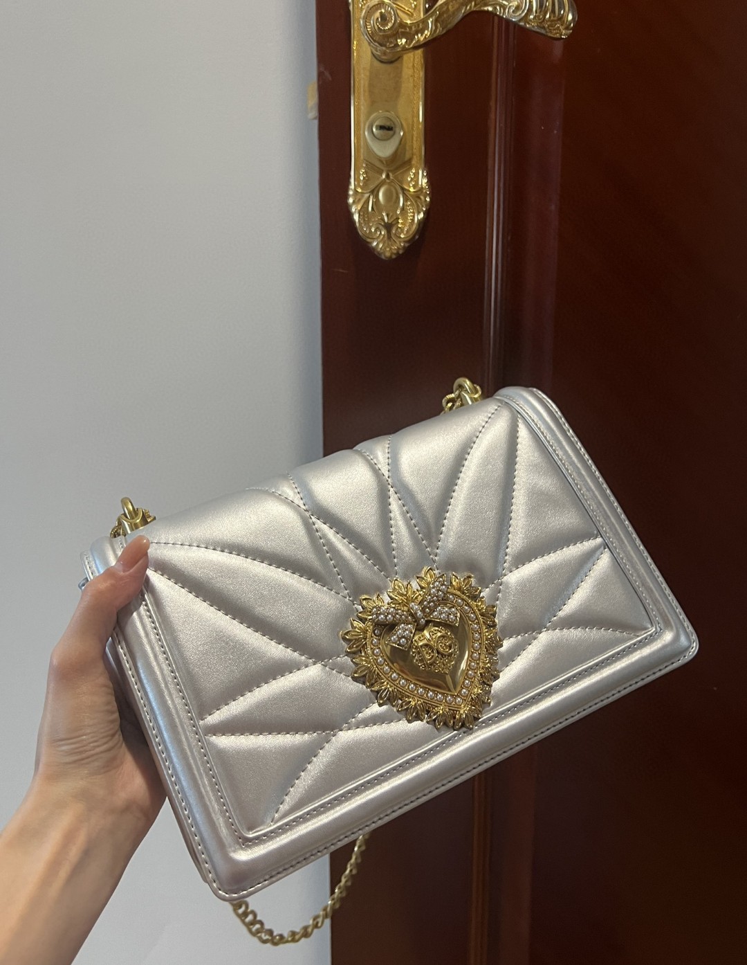 Dolce & Gabbana Large Devotion Bag In Quilted Nappa Silver For Women 10in/26cm DG