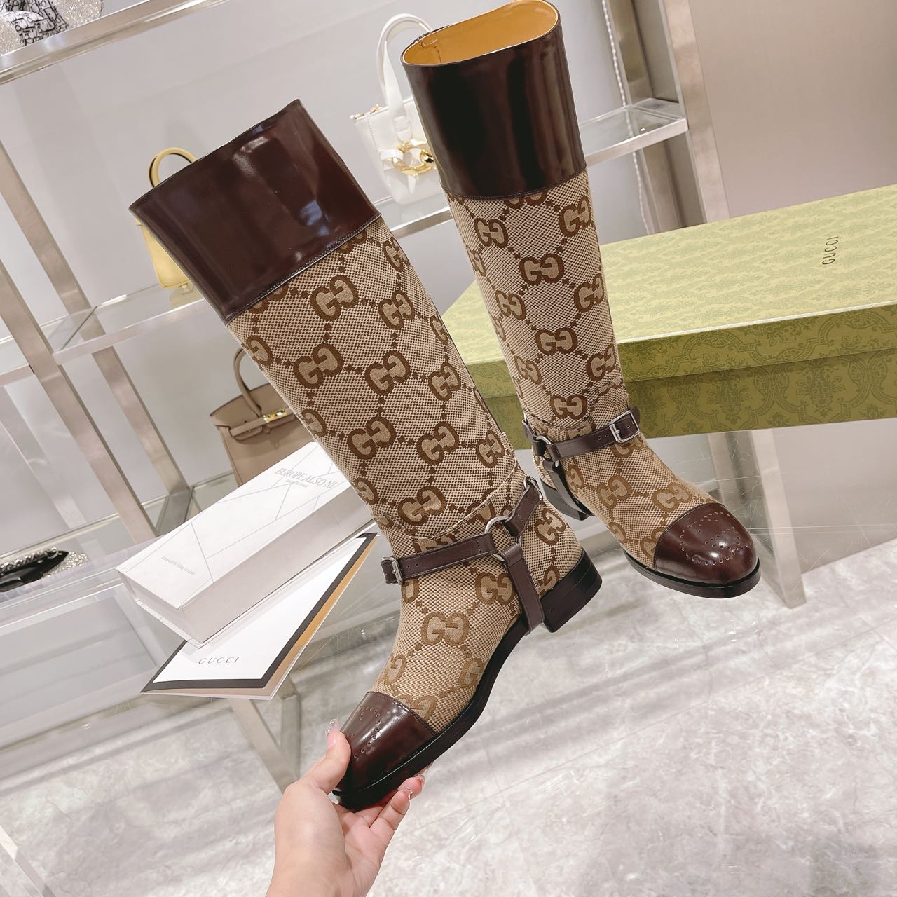 Gvc*1 Knee-High Boots With Harness Beige For Women GG 674673 UKO50 2597