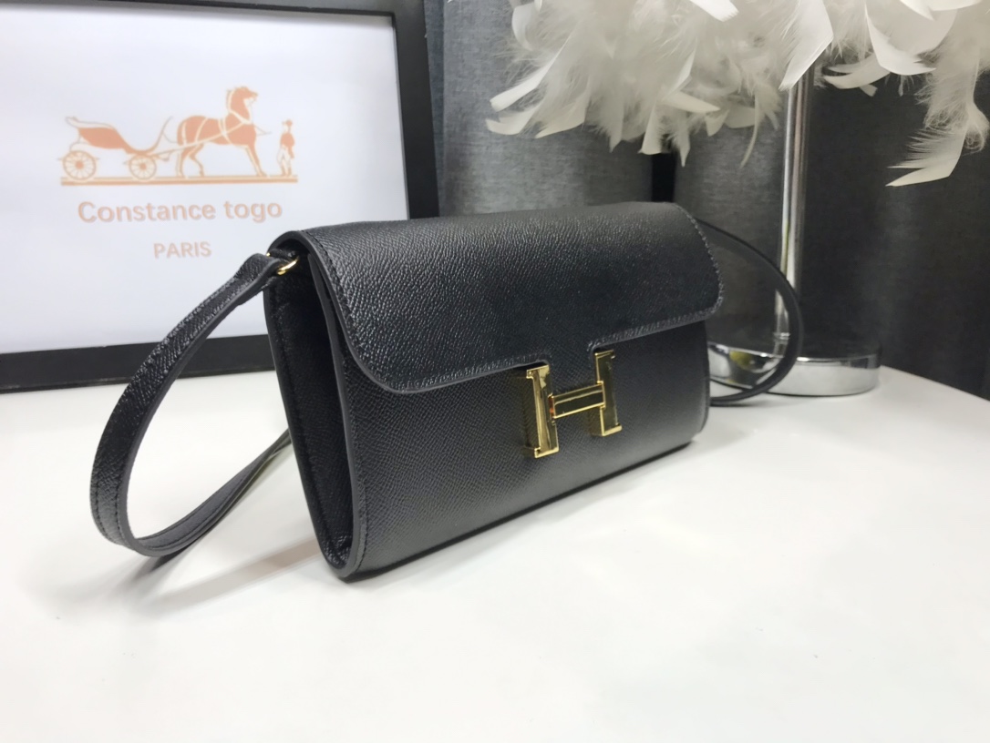 H**me5 Constance Togo Long Wallet  21cm/8.3in Gold Toned Hardware For Women Black