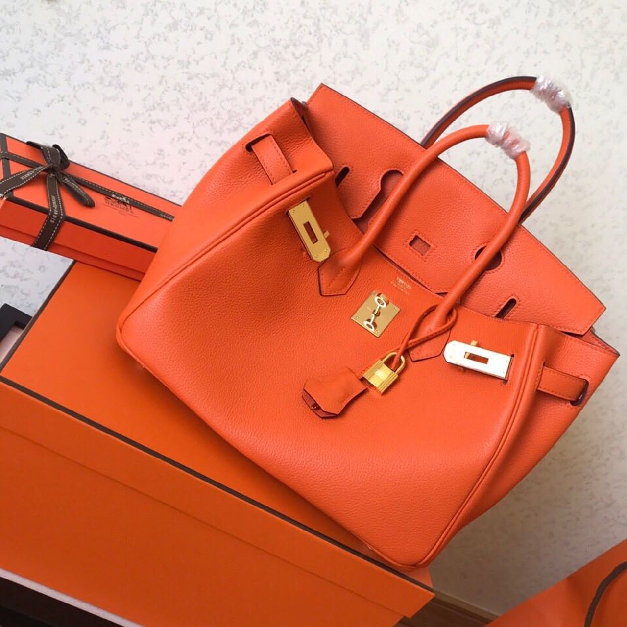 H**me5 Birkin Electric Orange Poppy 8V For Women Gold Toned Hardware 11.8in/30cm