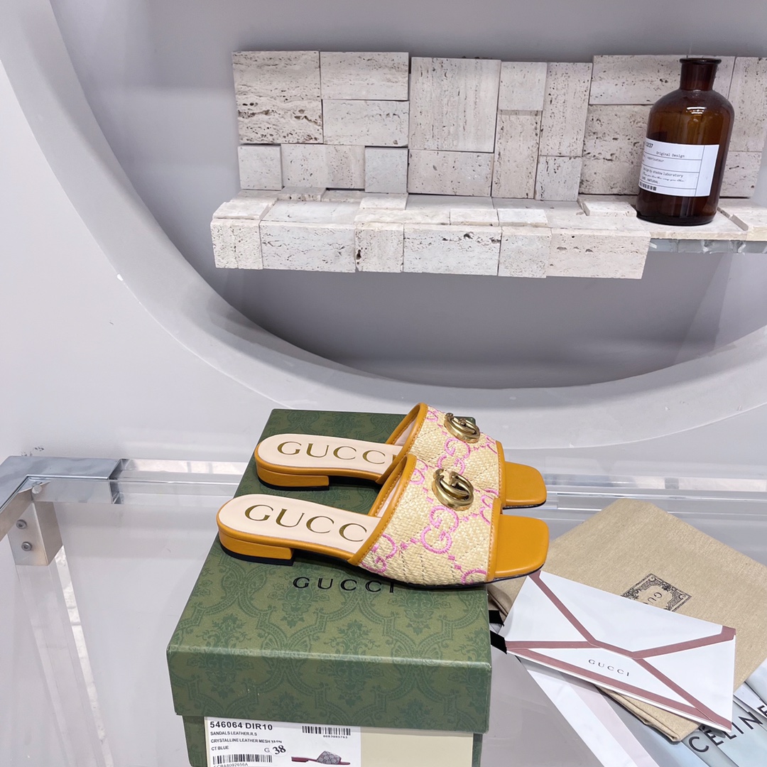 Gvc*1 Women’s GG Raffia Effect Slide Orange For Women GG 701106 UWB90 9670