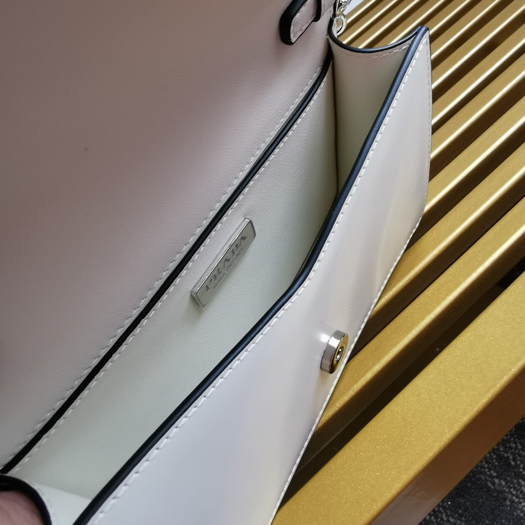 Pra*a Brushed Shoulder Bag White For Women, Women’s Bags 6.7in/17cm