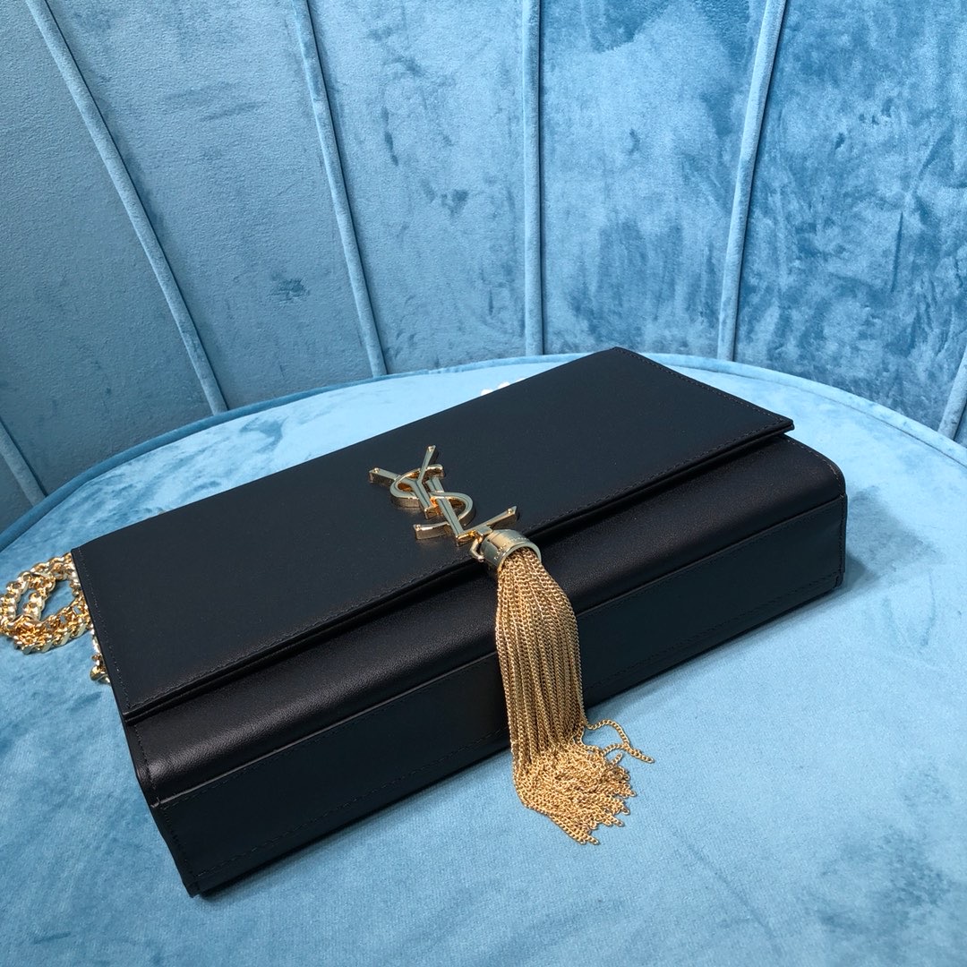 Sa1nt Lau*nt Kate Medium Chain Bag With Tassel In Grain De Poudre Black For Women 9.4in/24cm Y51 354119BOW0J1000