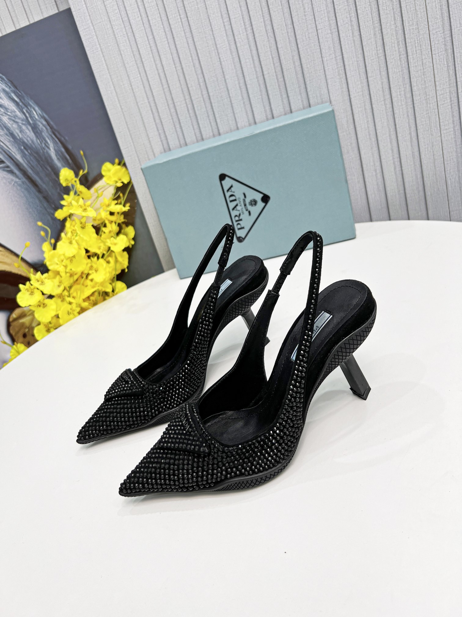 Pra*a Satin Slingback Pumps With Crystals Black For Women 2.2in/55mm PRD