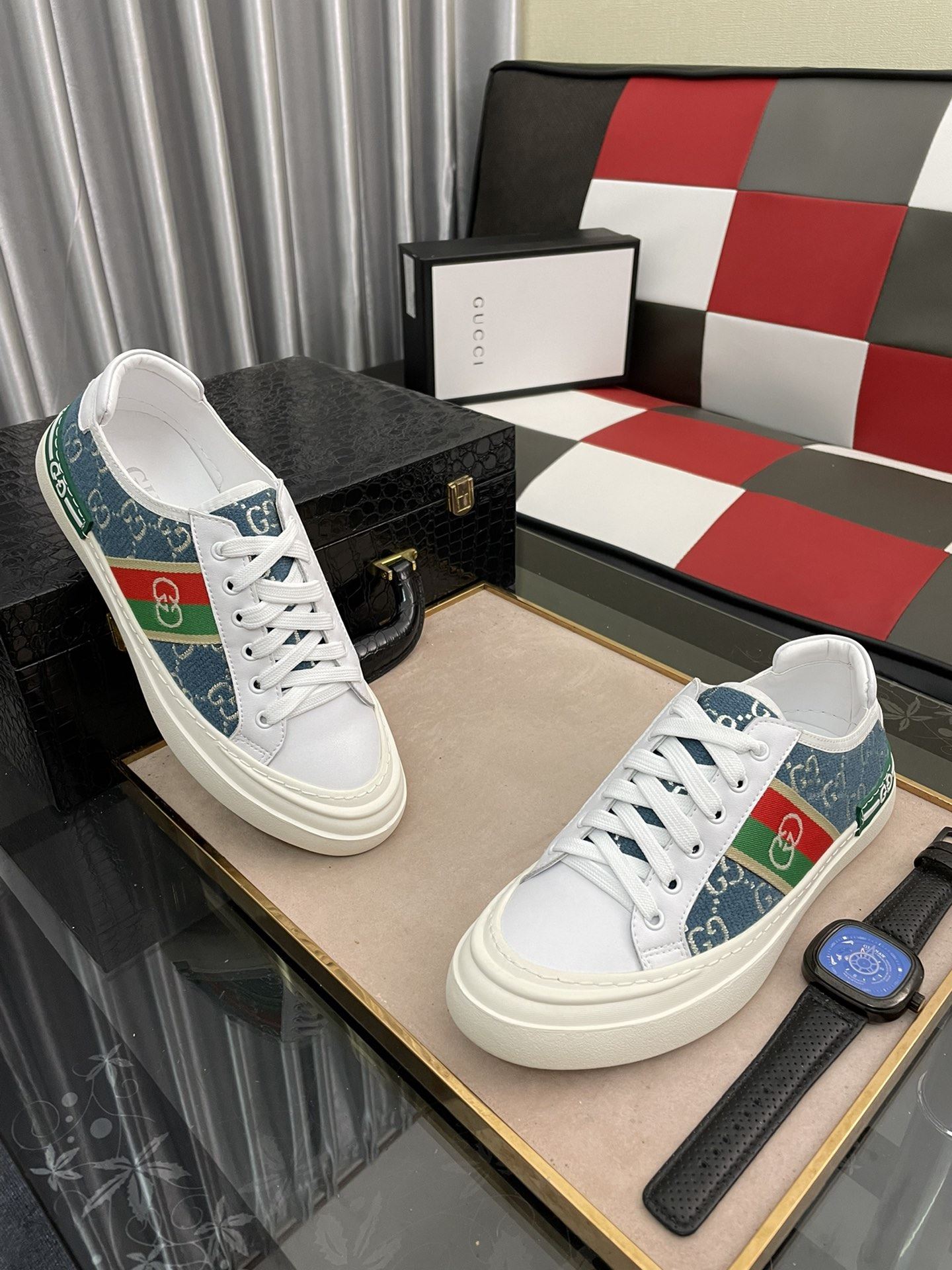 Gvc*1 Men’s GG Embroidery Sneaker With Web White And Blue For Men