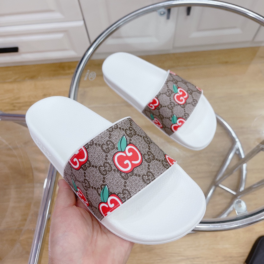 Gvc*1 Men’s GG Slide Sandal With GG Apple White And Brown For Men 407345