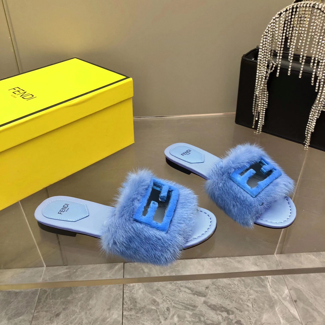 F**di Signature Blue Mink Slides For Women