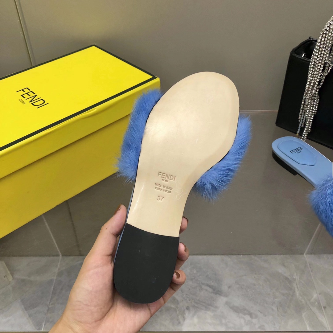 F**di Signature Blue Mink Slides For Women