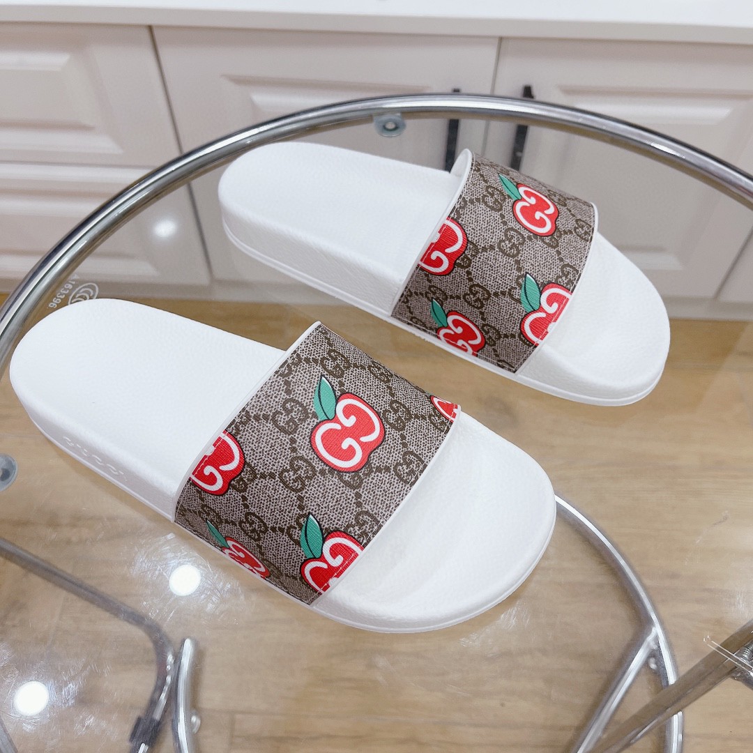 Gvc*1 Men’s GG Slide Sandal With GG Apple White And Brown For Men 407345