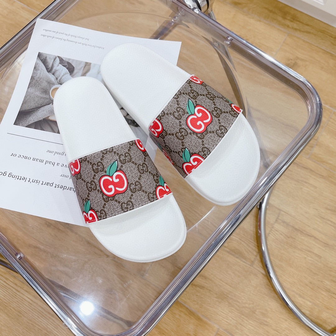 Gvc*1 Men’s GG Slide Sandal With GG Apple White And Brown For Men 407345