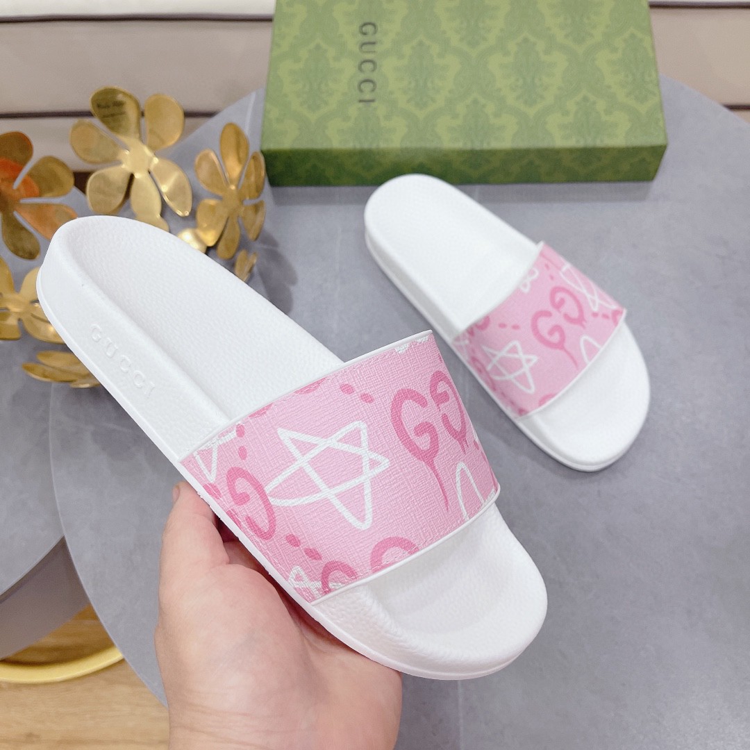 Gvc*1 Women’s GG Stars Print Slide Sandal Pink And White For Women 408508
