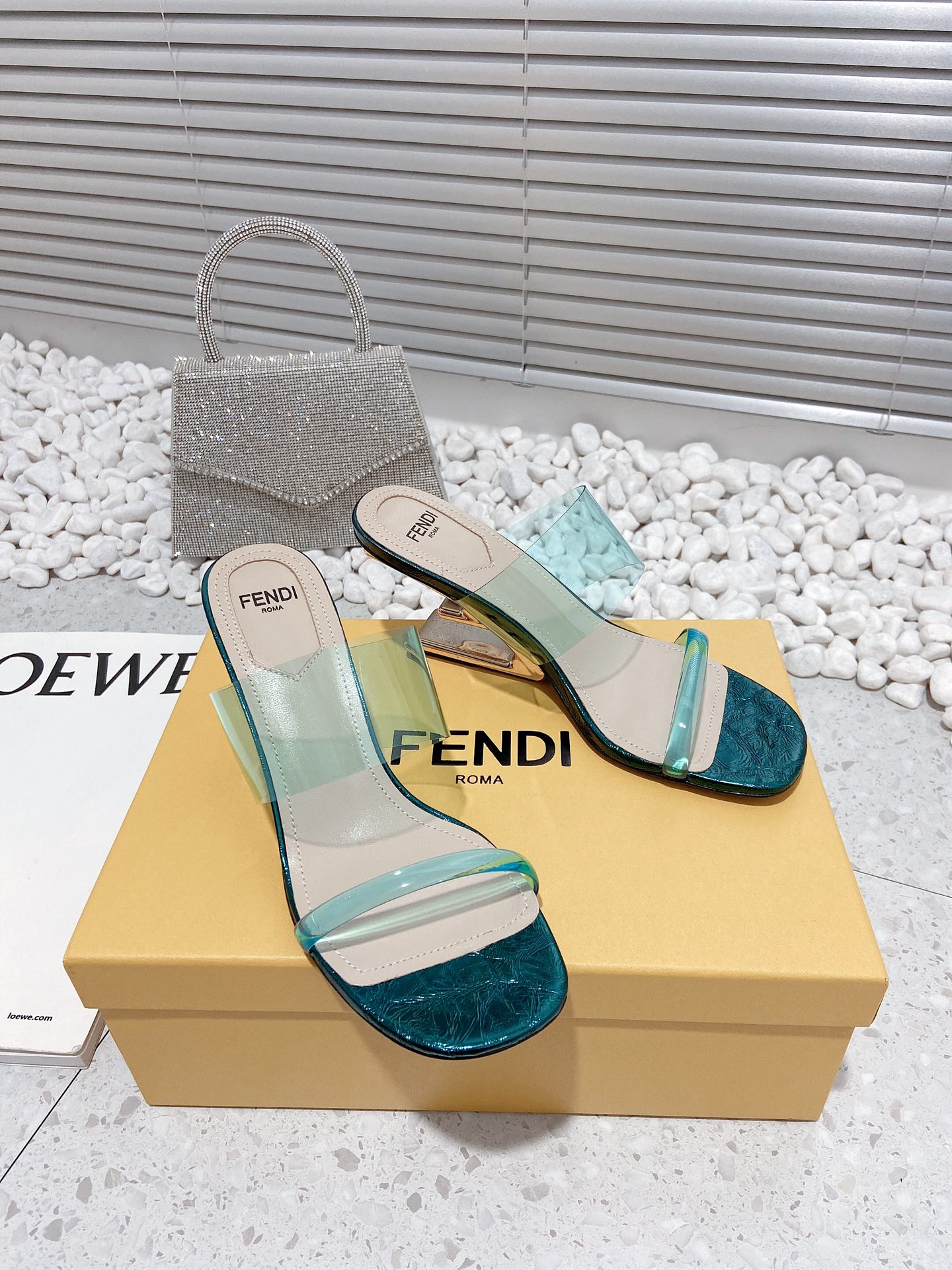 F**di First Dark Green Transparent High-Heeled Sandals For Women