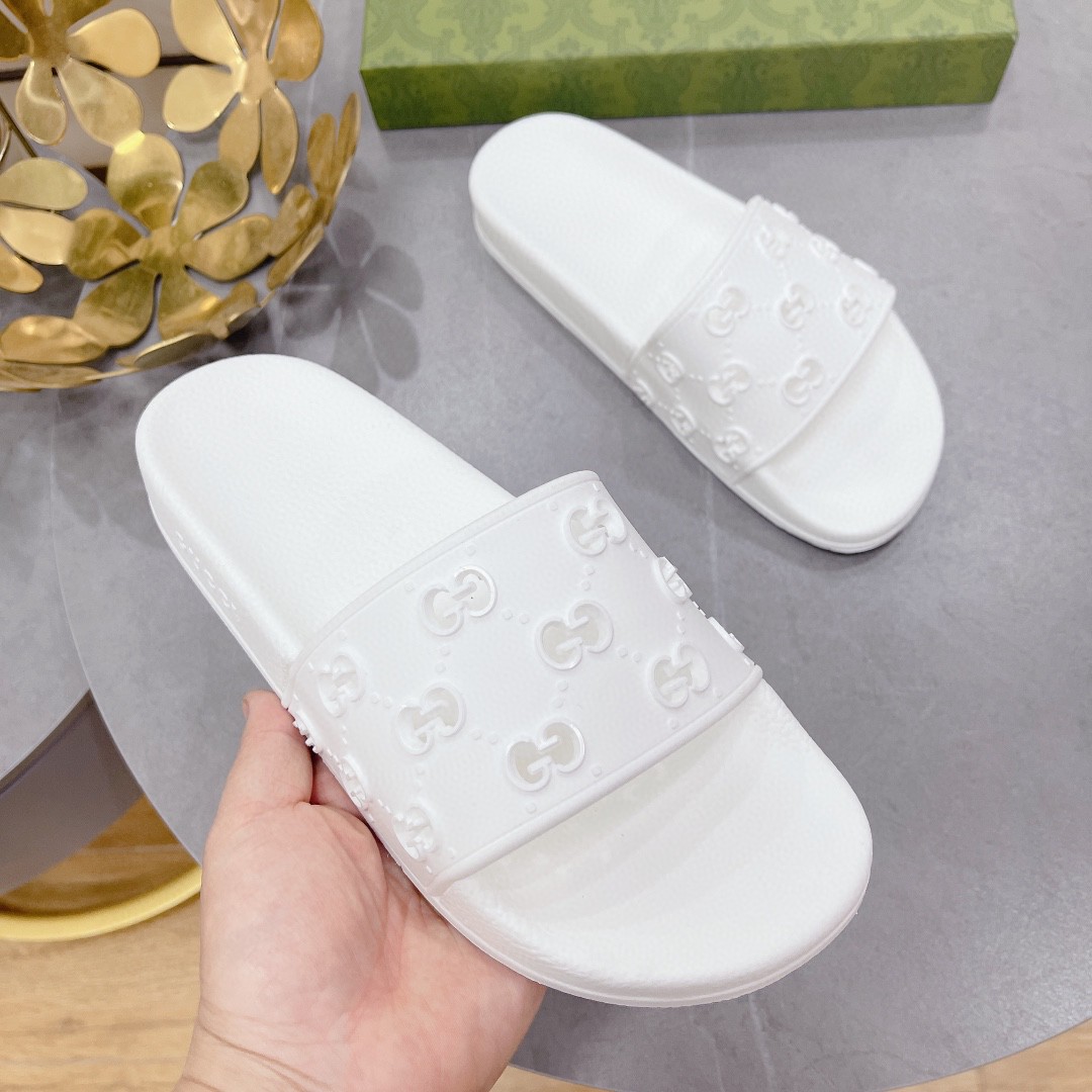 Gvc*1 Women’s Rubber GG Slide Sandals White For Women 573922 JDR00 9014