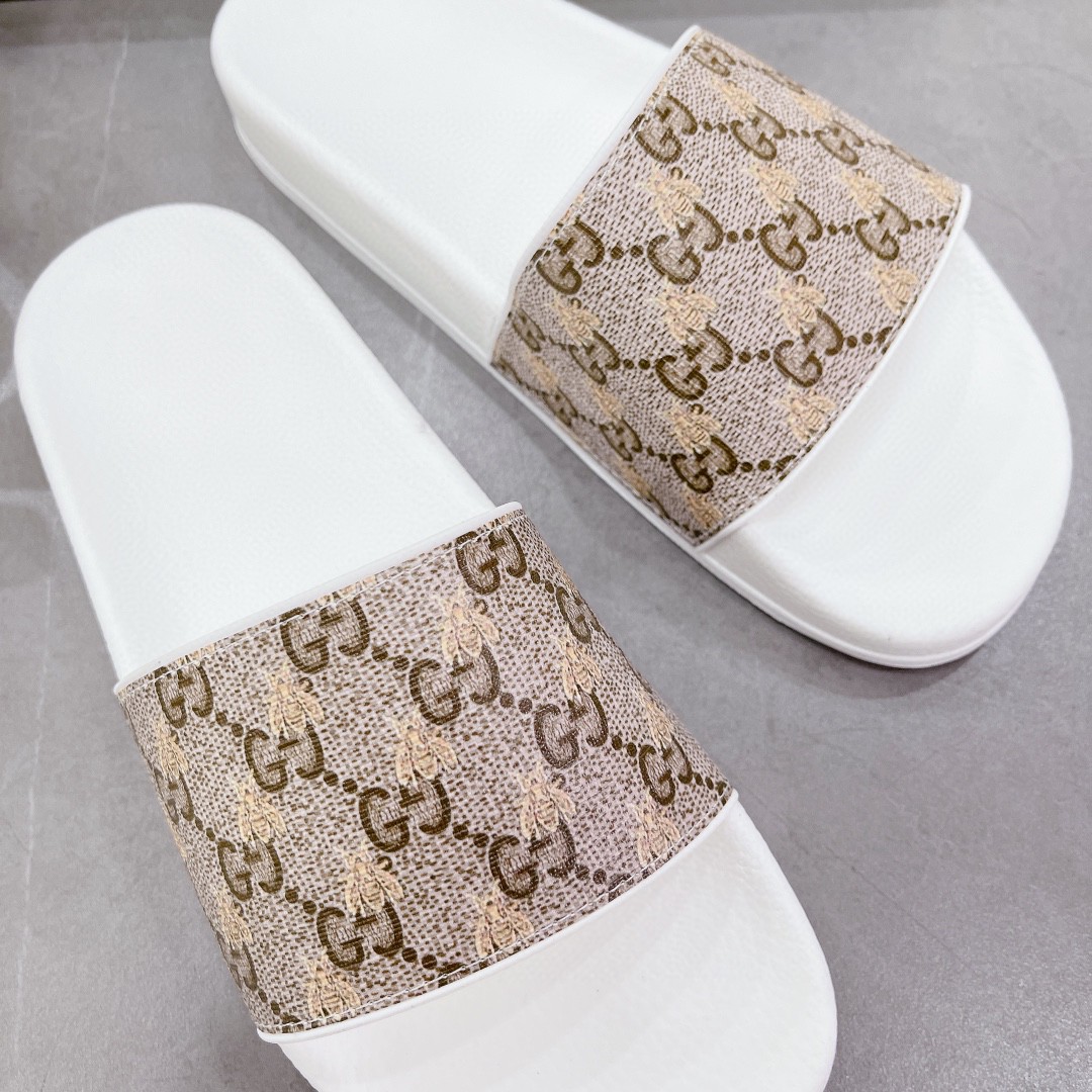 Gvc*1 Women’s GG Slide Sandal With Bees White And Brown For Women 407345