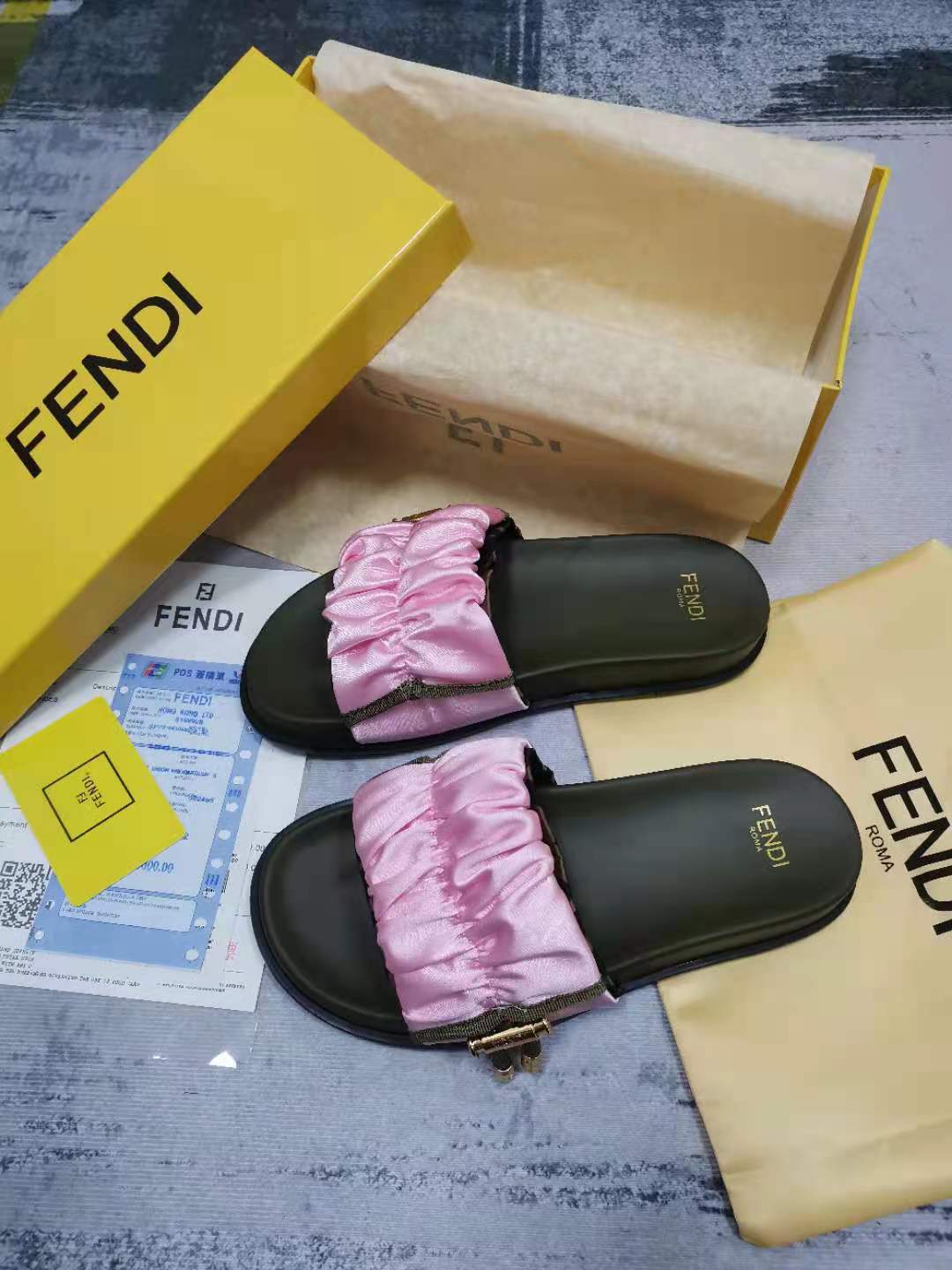 F**di Feel Pink Satin Slides For Women