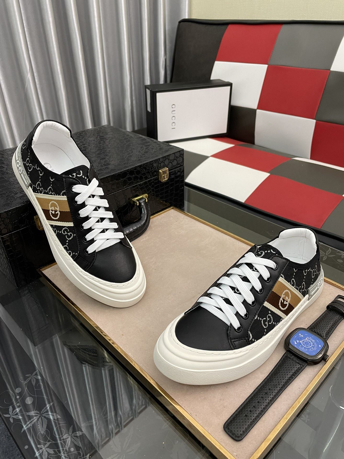 Gvc*1 Men’s GG Embroidery Sneaker With Web Black For Men