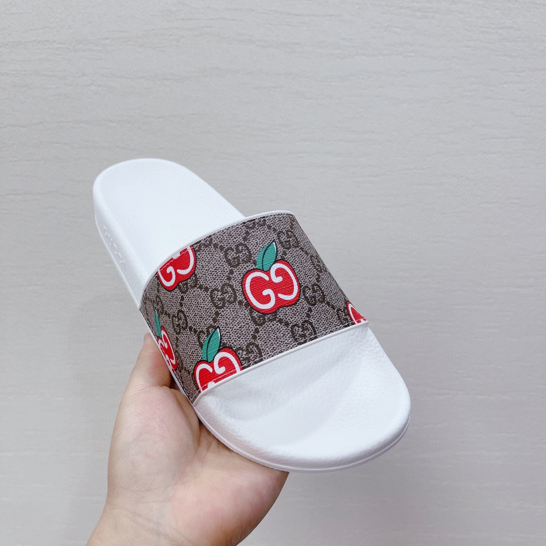 Gvc*1 Men’s GG Slide Sandal With GG Apple White And Brown For Men 407345