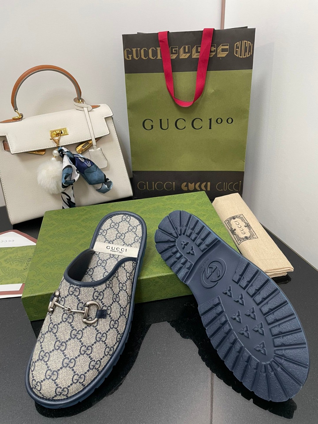 Gvc*1 Men’s GG Slipper With Horsebit Blue For Men GG Shoes ‎694249 96G60 4073