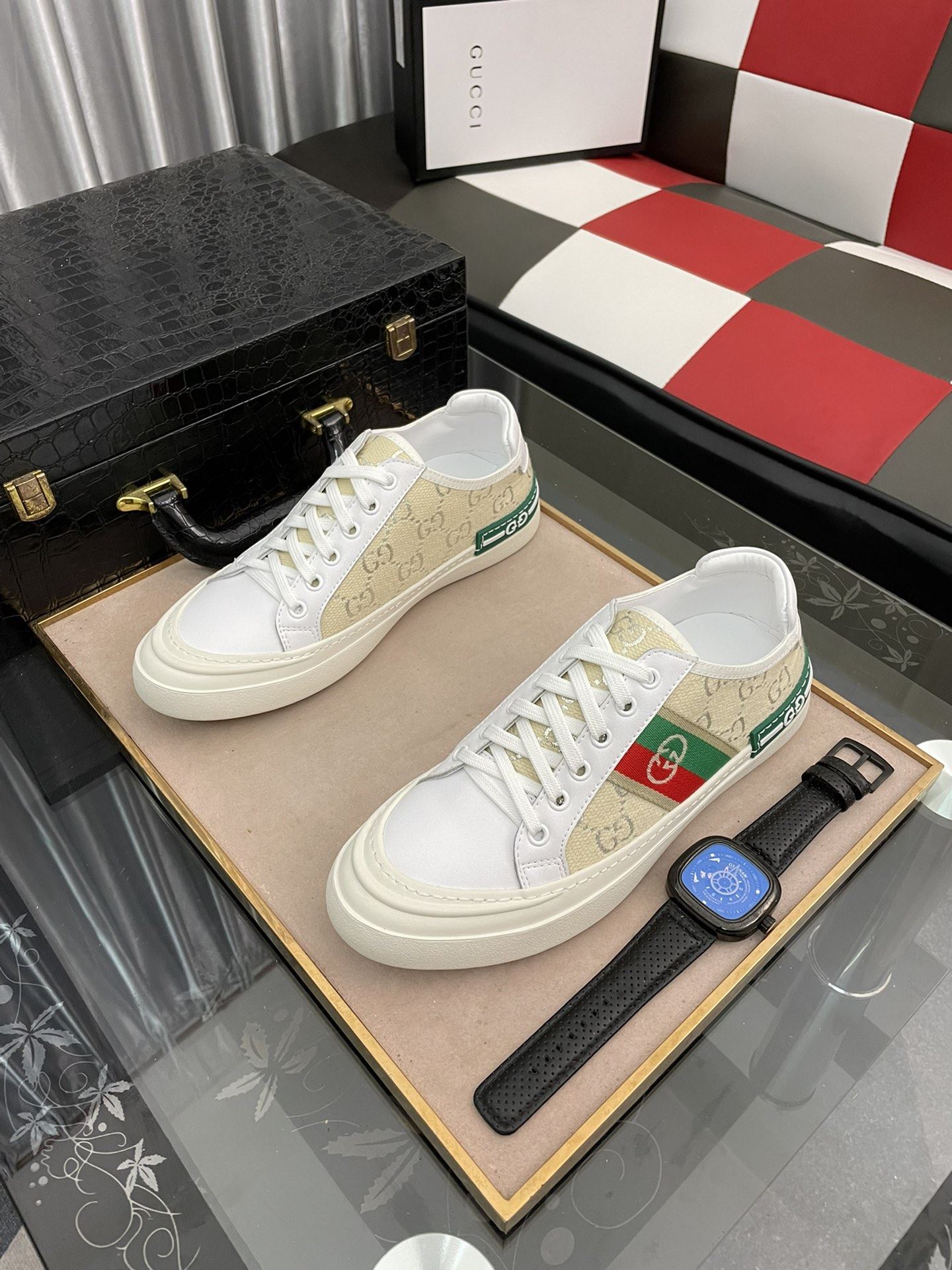 Gvc*1 Men’s GG Embroidery Sneaker With Web White And Beige For Men