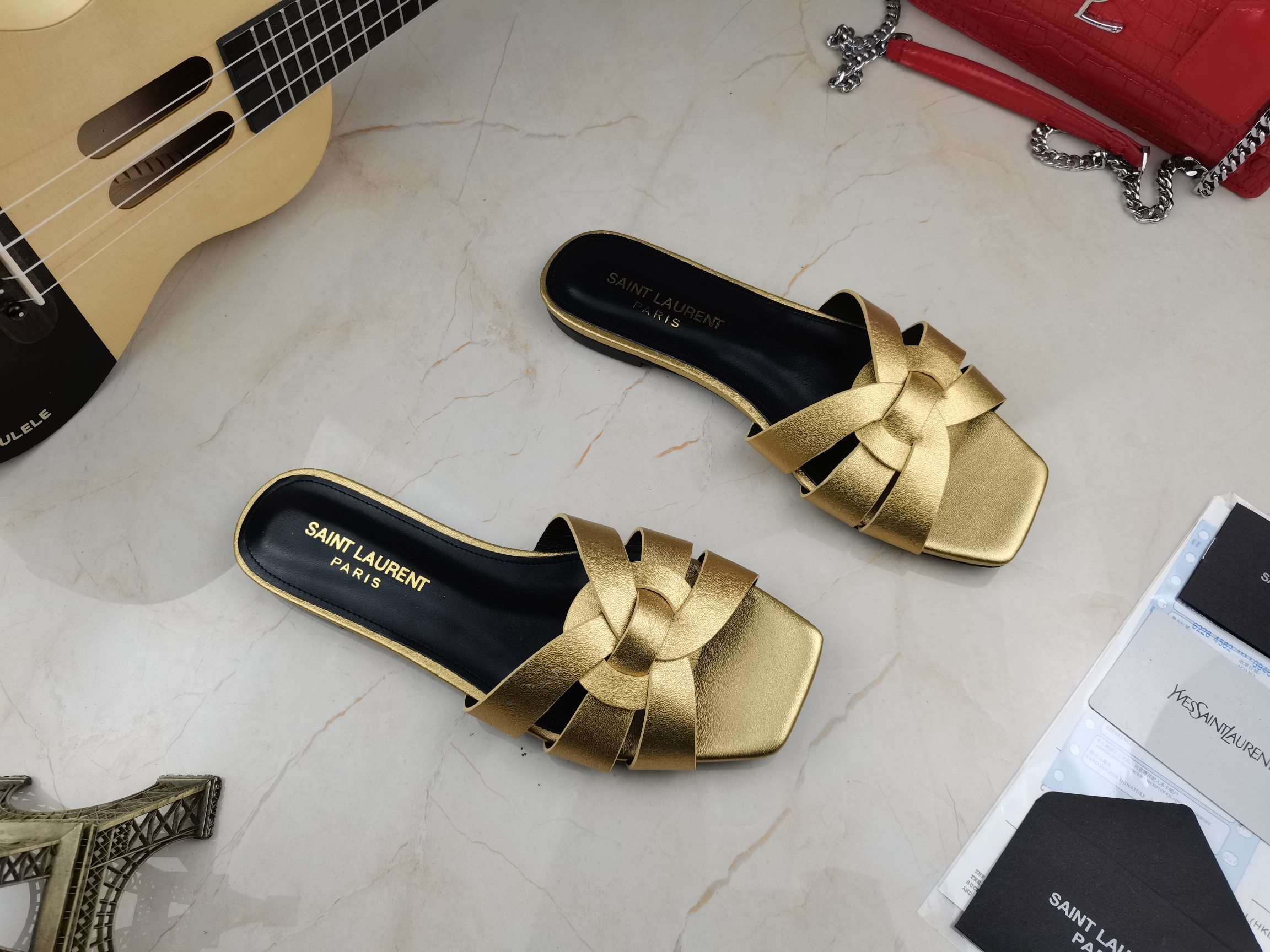 Sa1nt Lau*nt Women’s Tribute Flat Mules Gold For Women Y51