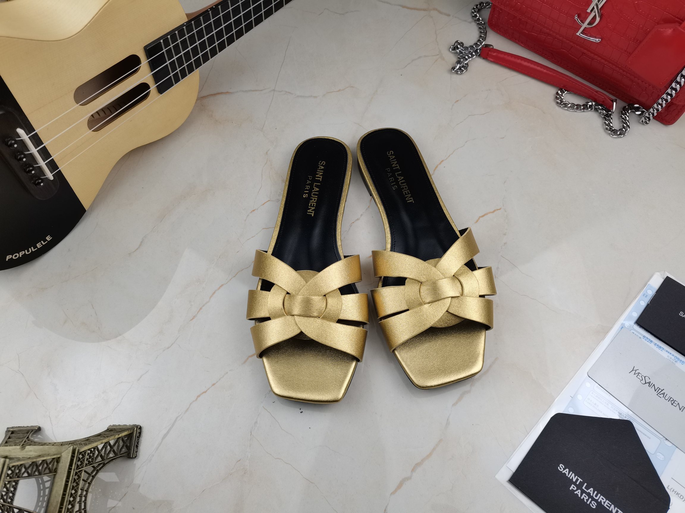 Sa1nt Lau*nt Women’s Tribute Flat Mules Gold For Women Y51