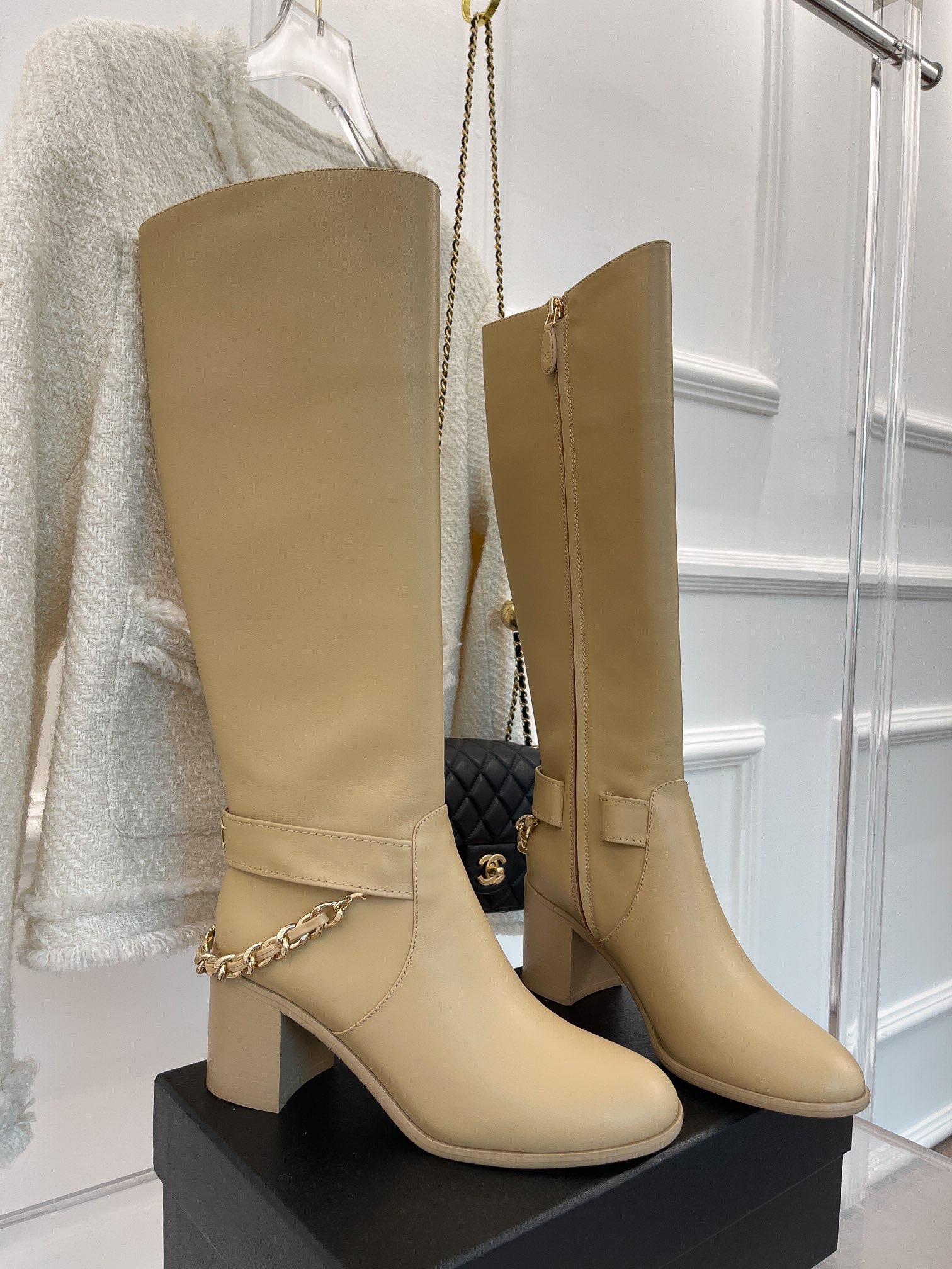 Ch**el Women’s High Boots With Chain Beige For Women 3.7in/ 9.5cm