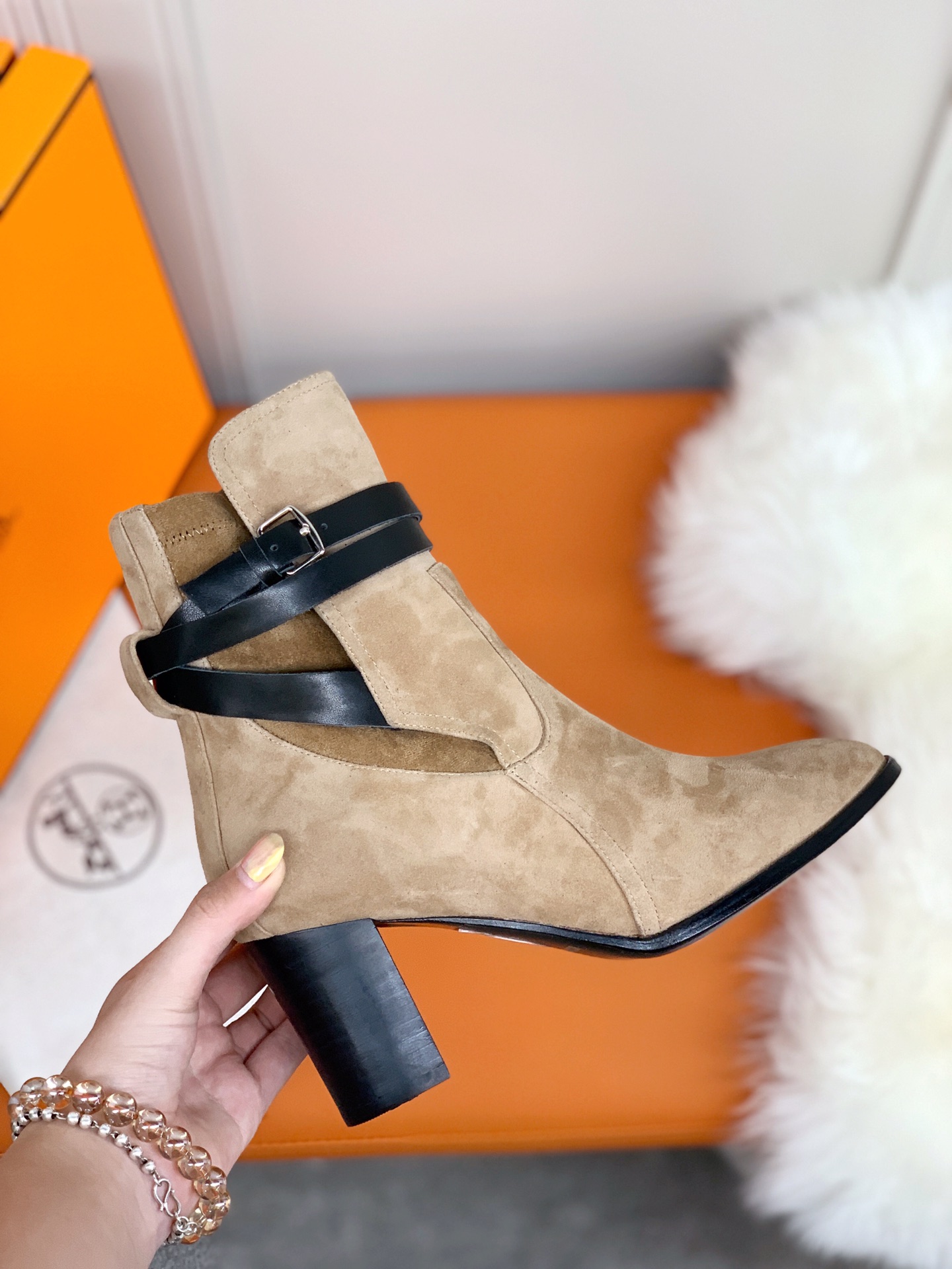 H**me5 Frenchie 70 Ankle Boots Beige For Women 2.8in/7cm.