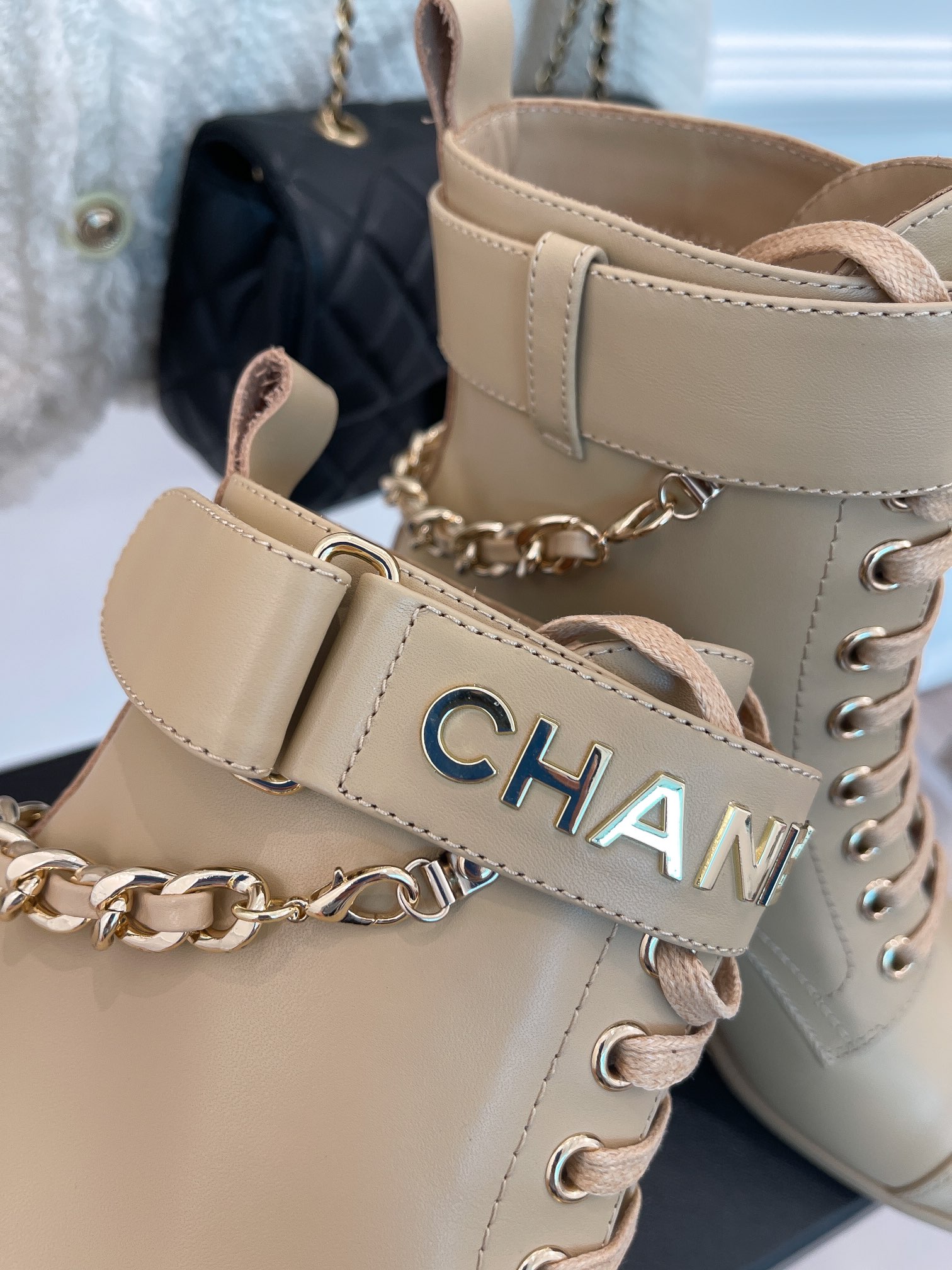 Ch**el Women’s Lace-Up With Chain Beige For Women 3.7in/9.5cm