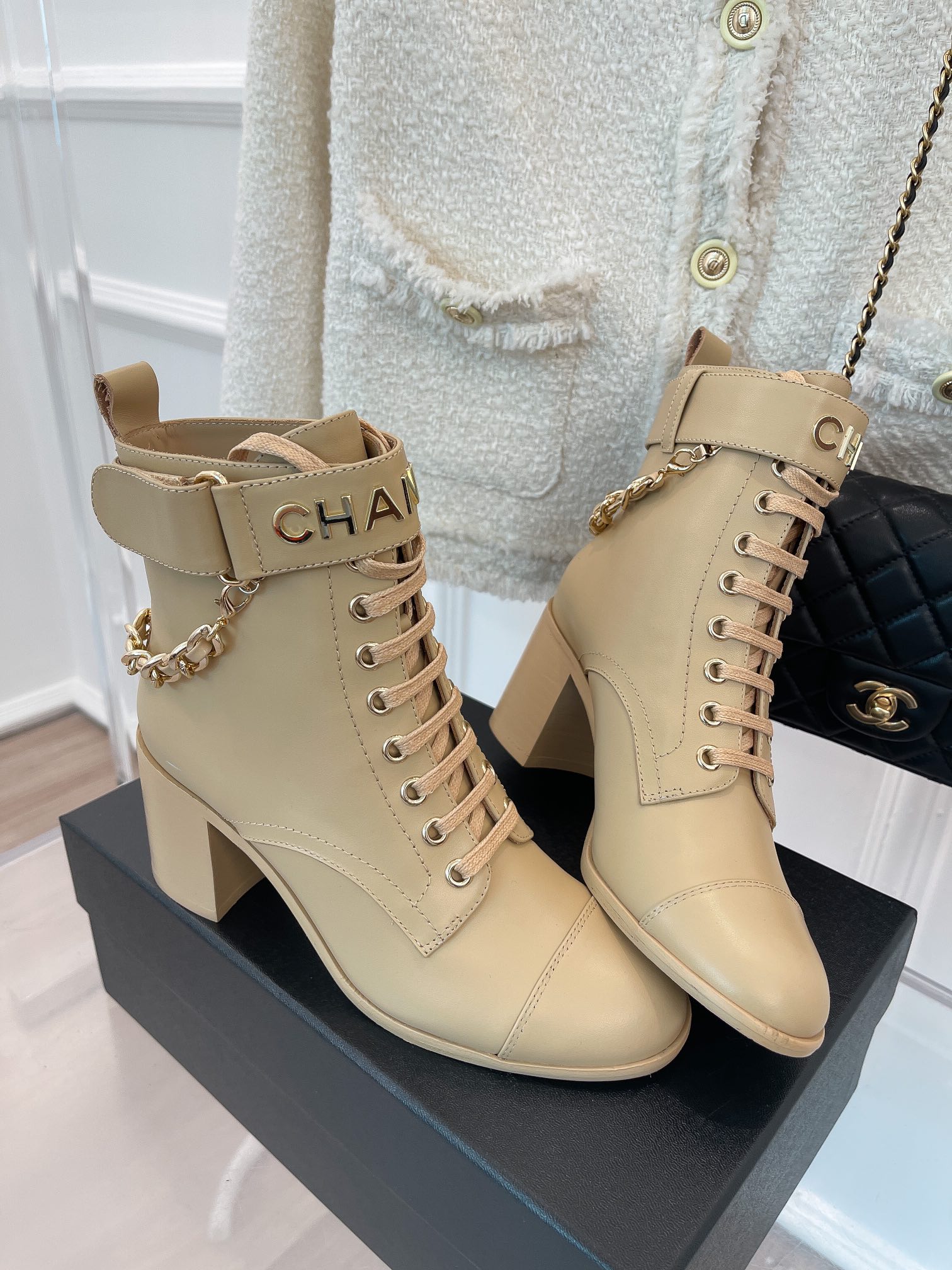 Ch**el Women’s Lace-Up With Chain Beige For Women 3.7in/9.5cm