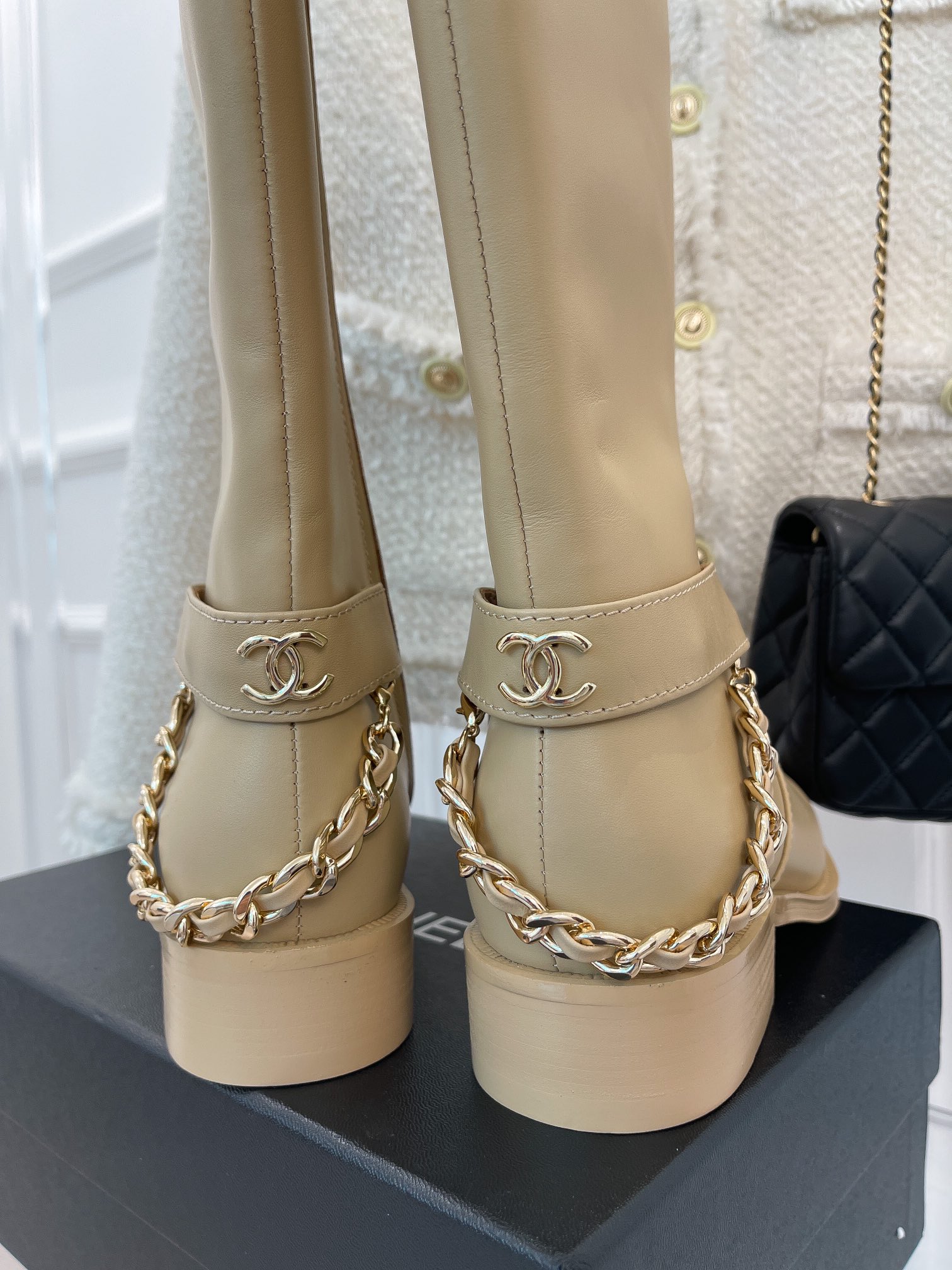 Ch**el Women’s Ankle Boots With Chain Beige For Women 1.5in/ 4cm